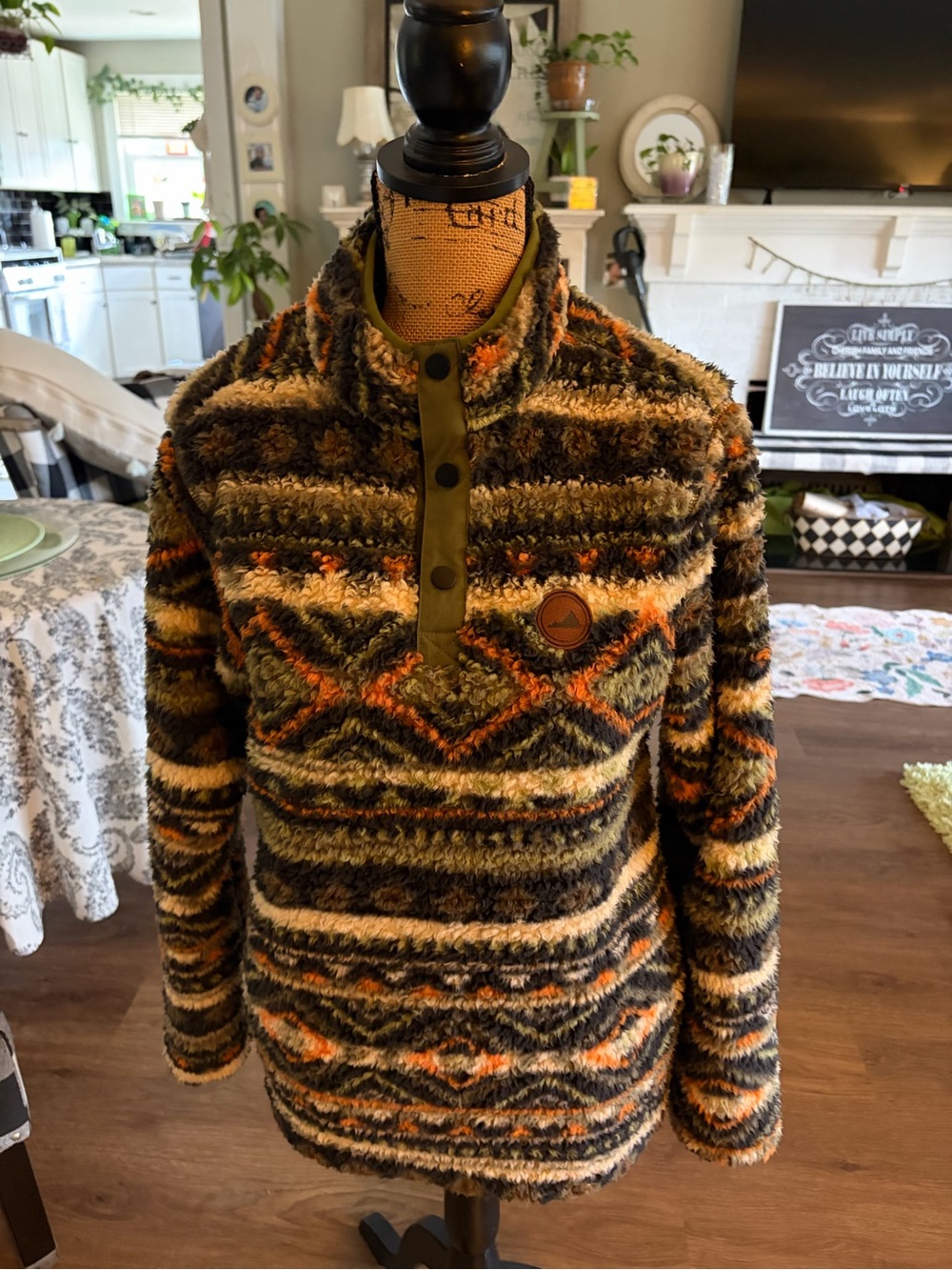 Home Free - Ladies Fuzzy Patterned Pullover Sweater - Olive, Orange, Brown - S